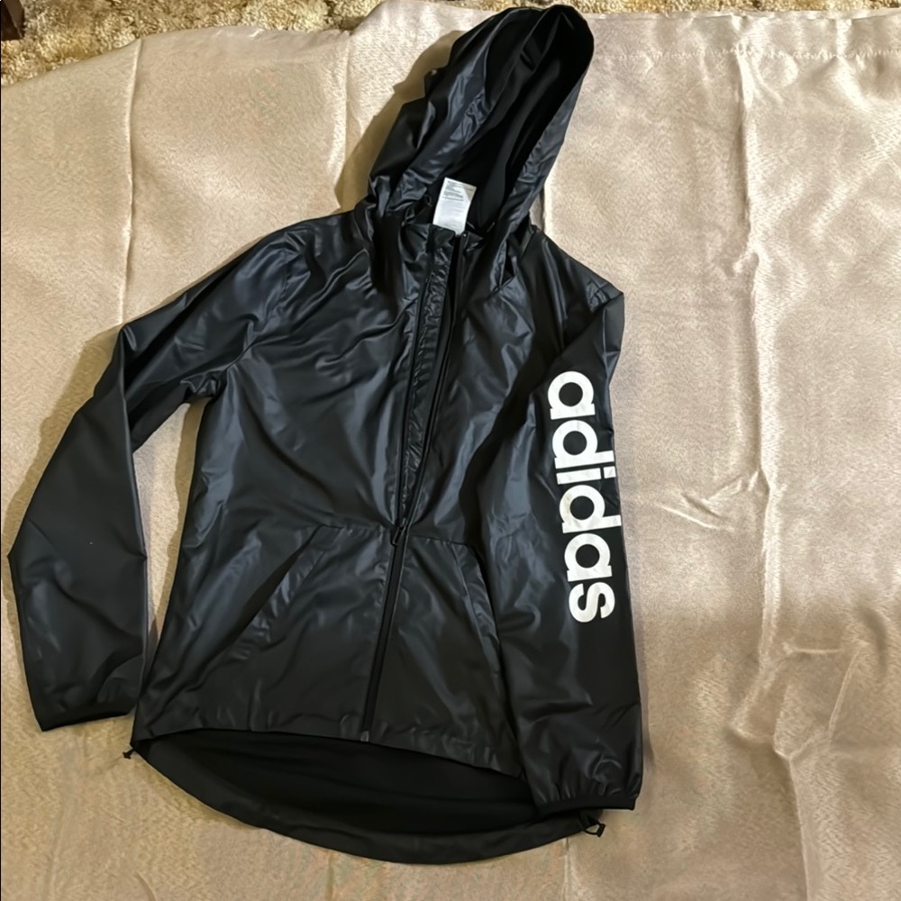 adidas Black Puffer Jacket with Hood and Full-Length Zipper